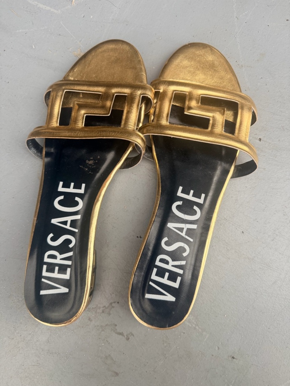 Versace Metallic Gold Black Logo Slide Sandals